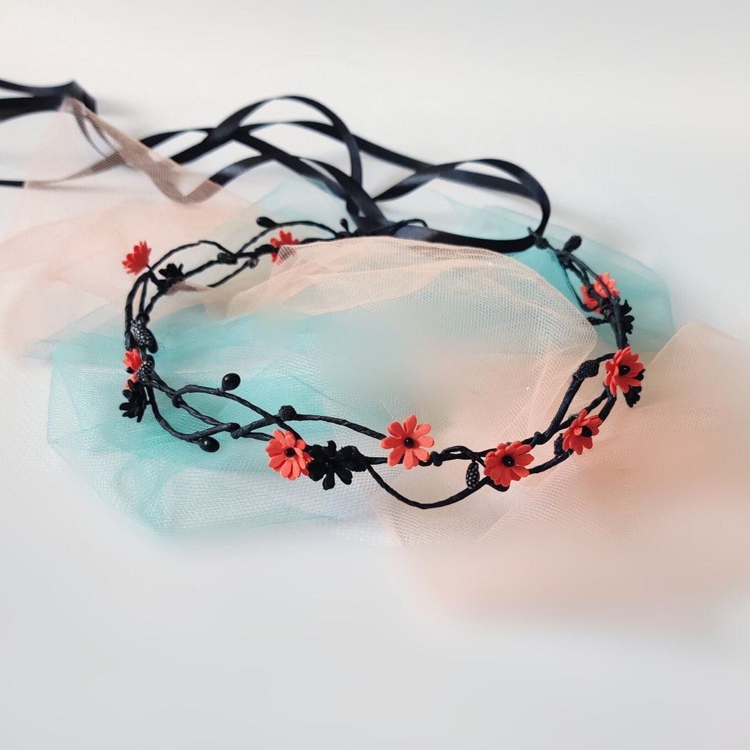Black Flower Crown Gothic Wedding Crown Red and Black Bride Headband ...