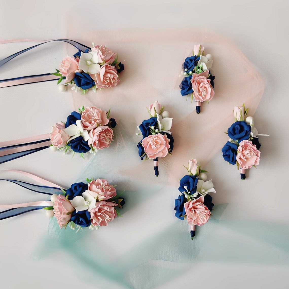 Navy blue blush pink wrist corsage and boutonniere set mother image 1