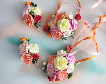 Colorful Floral Corsage and Boutonniere Set, Spring Summer Wedding, Prom Flowers, Dopamine Colors