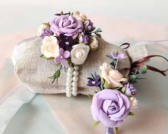 Wrist corsage and boutonniere set purple flower bracelet lavender groomsmen lapel pin prom corsage wristlet mother of the bride corsage