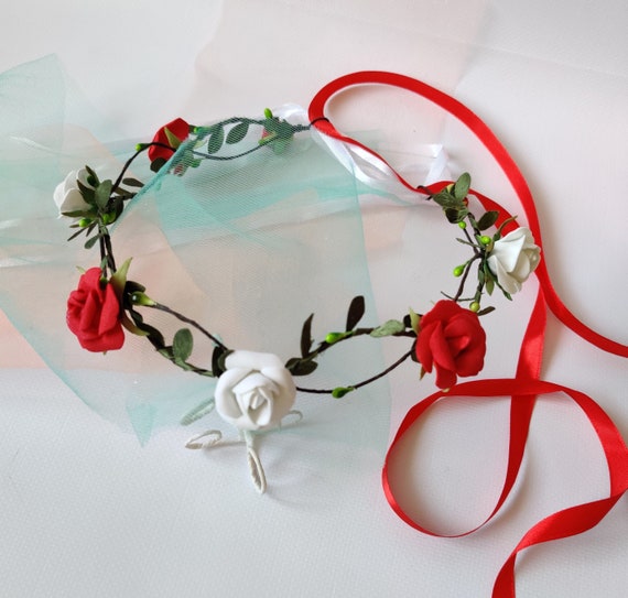Elegant White and Red Floral Headband Red and White Flower Crown. Deep Red and White Floral Crown  main image 2