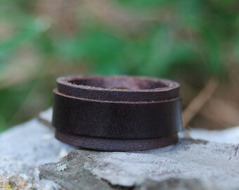 Leather ring, for mens and womens finger. Handmade dark brown ring. Two-layer flat ring. Personalized size ring. Leather gift for couple.