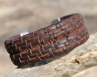 Unique handmade braided leather cuff wristband for men. 1st quality cow leather. Rustic original wristband for him. Clasp leather cuff.