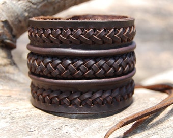 Wide leather bracelet with 3 braids, for men, artisan rustic brown cuff, adjustable celtic style leather wristband for him, gift for men.