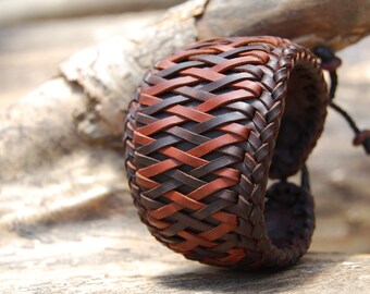 Full grain leather cuff with genuine cowhide. Handcrafted wristband for men and women. Unique design leather bracelet. Twice colors braiding