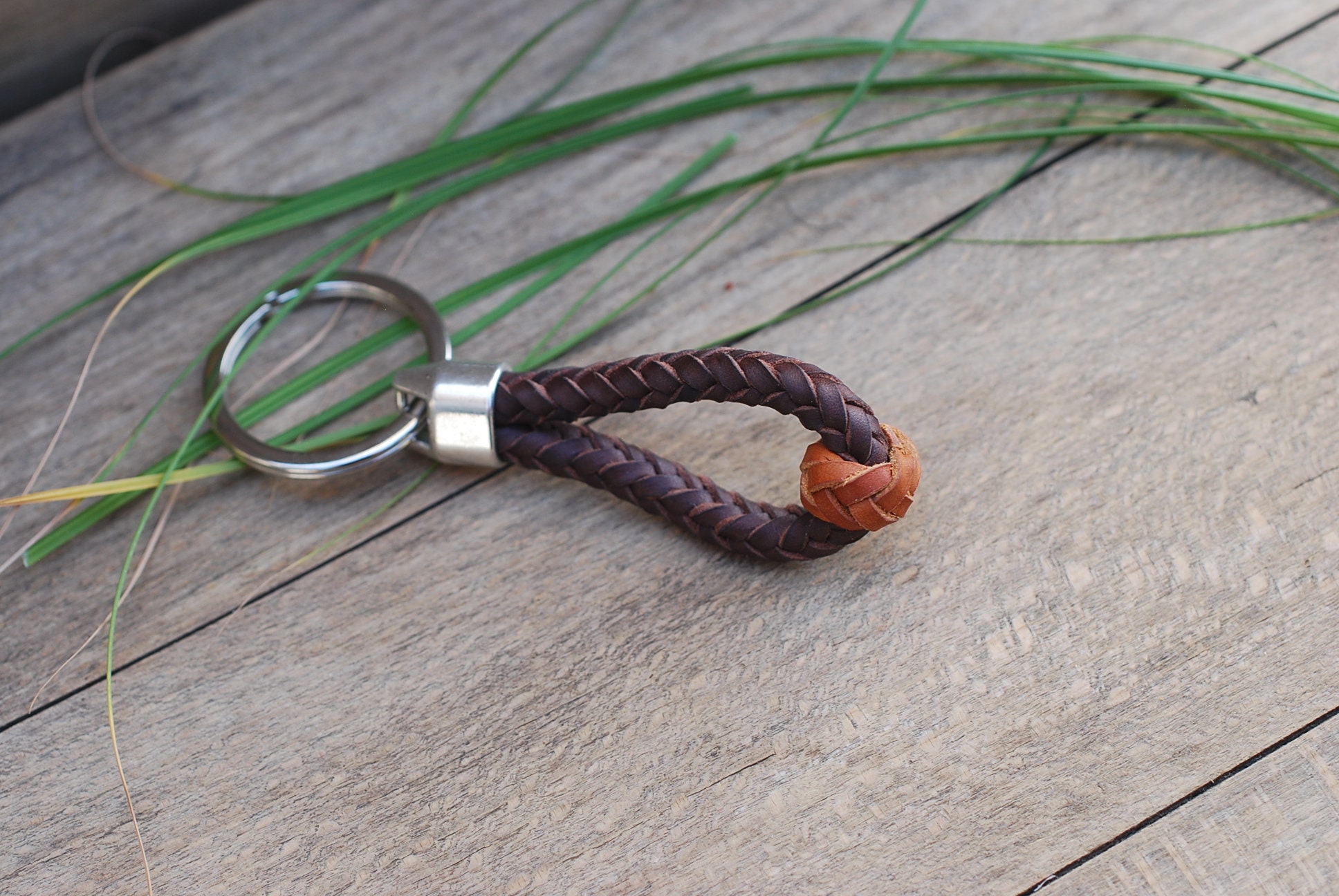 Large Keyring Loop Round Braided Leather Key Ring Loop. Two Colour Leather Keychain. Hand ...