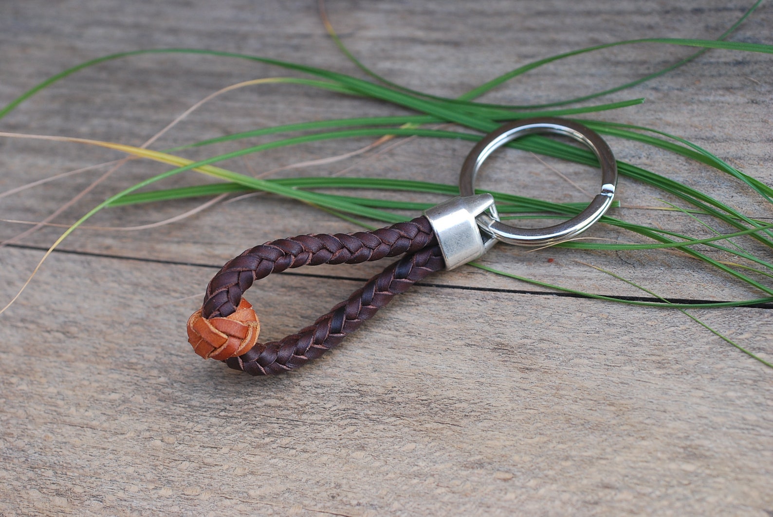 Large Keyring Loop Round Braided Leather Key Ring Loop. Two Colour Leather Keychain. Hand ...