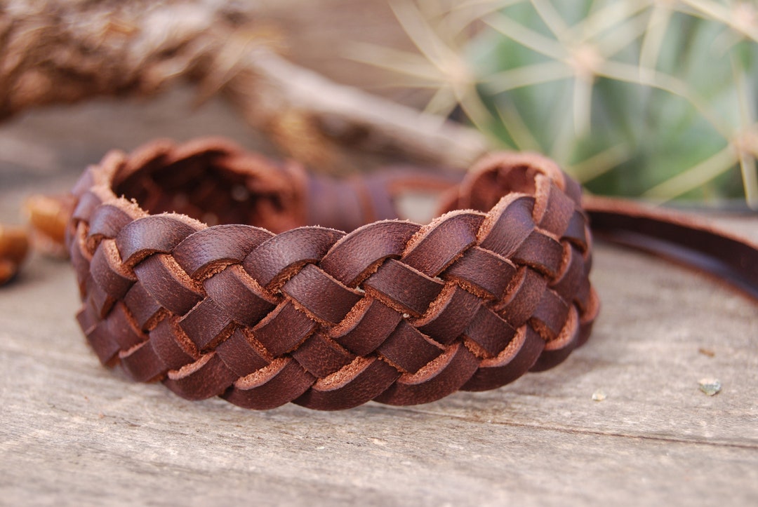 Bracelet Tresse Plate En Cuir Marron Et Blanc - Style Ethnique élégant Pour Homme Et Femme
