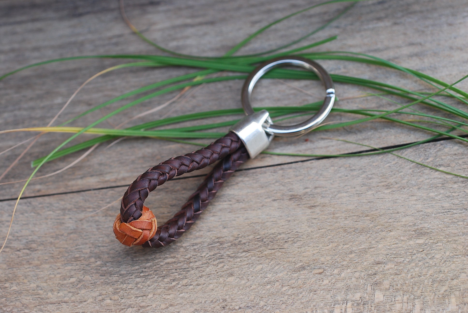 Large Keyring Loop Round Braided Leather Key Ring Loop. Two Colour Leather Keychain. Hand ...