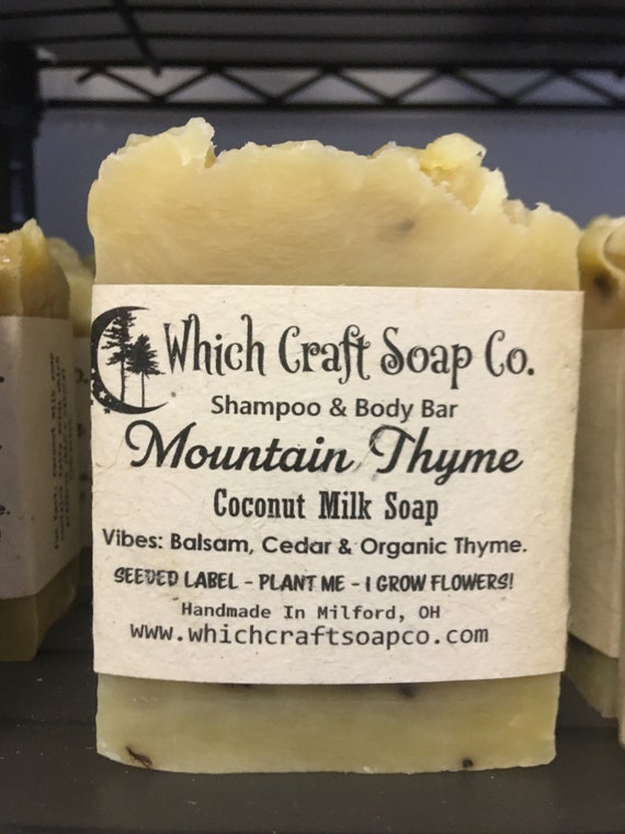 Mountain Thyme - Coconut Milk & Fresh Thyme Shampoo and Body Bar - 100% Zero Waste Packaging - Seeded Labels grow Flowers!