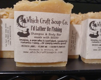 I'd Lather Be Fishing - Hemp & Beer Soap - 100% Zero Waste Packaging - Label's are seeded paper and grow flowers when planted.