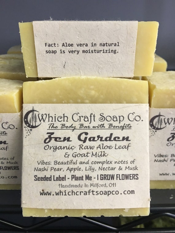 Zen Garden - Raw Organic Aloe Leaf & Goat Milk Bar - 100% Zero Waste Packaging - Label's are seeded paper and grow flowers when planted.