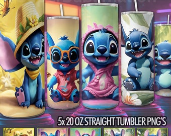 Stitch Tumbler Wrap Bundel, 20oz Tumbler, Stitch Aquarel, 20oz Skinny Cartoon Tumbler, Digitaal downloadbestand, 5x 300dpi PNG, 9,3" x 8,2"