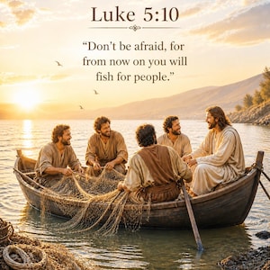 May include: A serene image of five men in a wooden boat on a lake at sunset. The men are holding fishing nets. The text "Luke 5:10" and a quote about fishing for people are at the top.