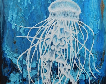 Jellyfish acrylic painting on stretched canvas 10” x 8” Glow in the dark