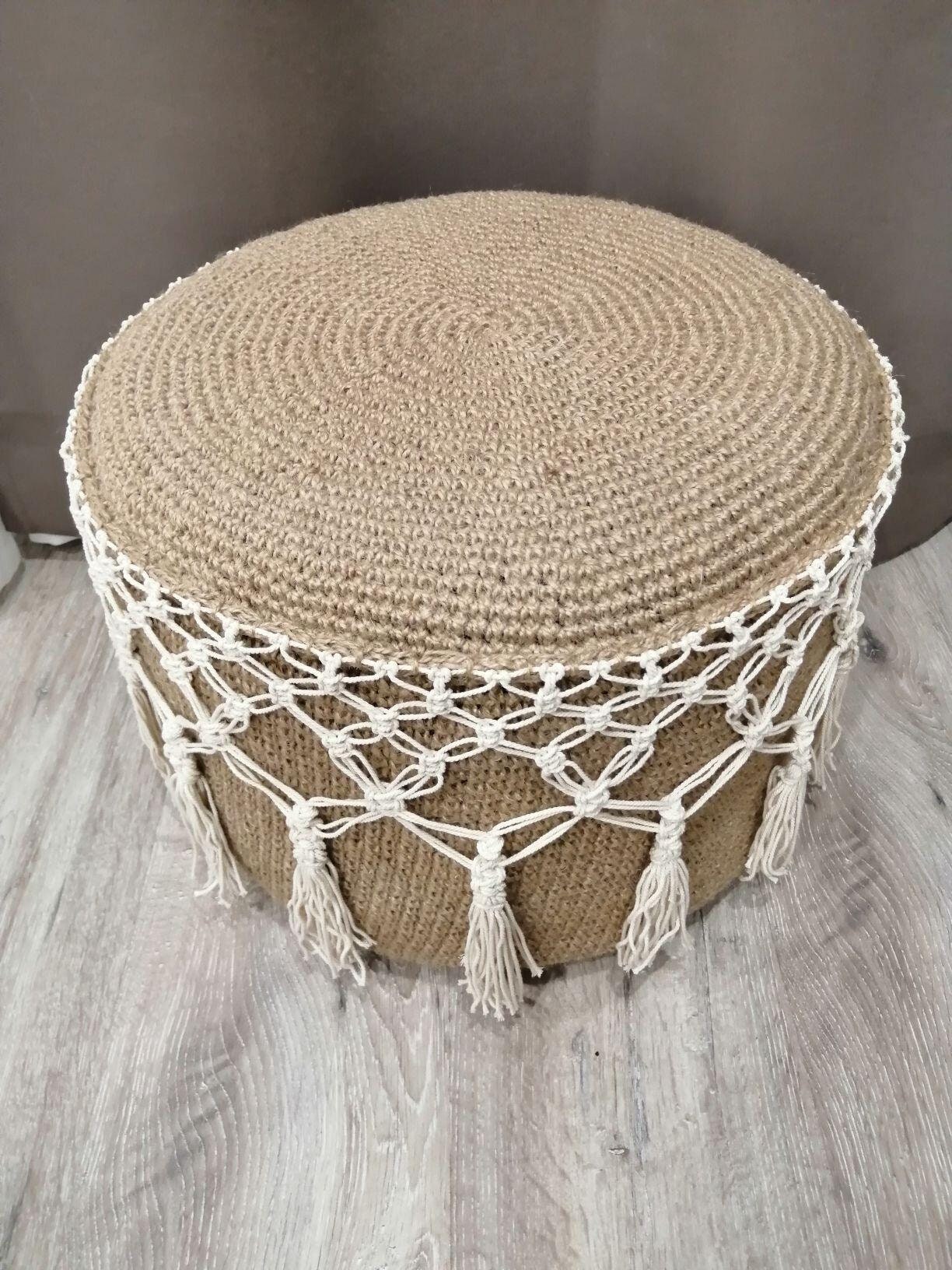 Jute pouf knitted from natural jute with cotton rope macrame Etsy