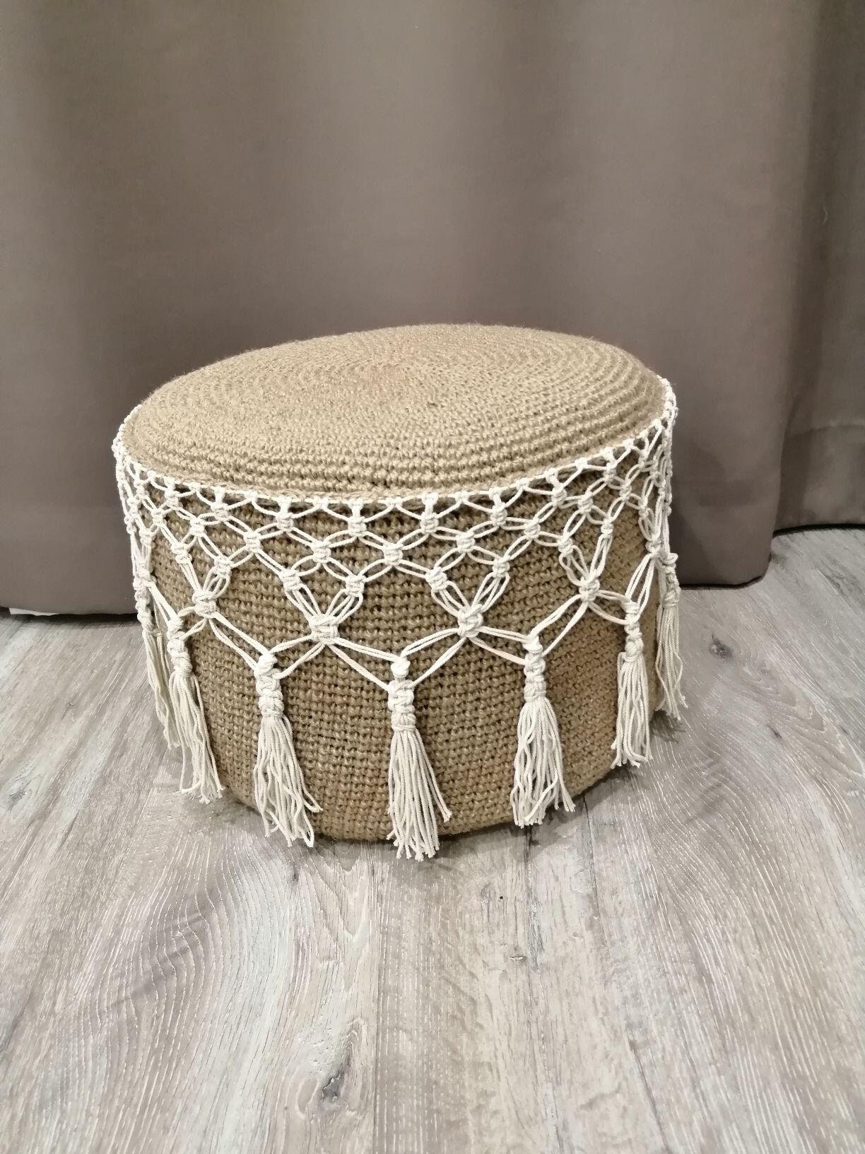 Jute pouf knitted from natural jute with cotton rope macrame Etsy