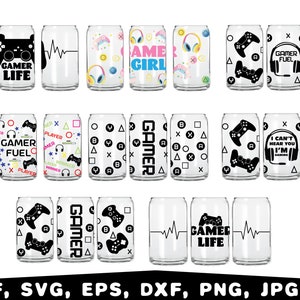 May include: A set of 12 printable designs for 12 oz. can coolers featuring gamer-themed graphics. The designs include a gamer girl, gamer fuel, gamer life, and a controller with the text "I can't hear you, I'm gaming".