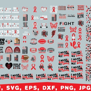 Pode incluir: Um download digital de designs gráficos vermelhos e pretos com as palavras "Fight AIDS" e "I Wear Red For" com vários membros da família e entes queridos. Os designs também incluem fitas vermelhas, borboletas e bolas de futebol.