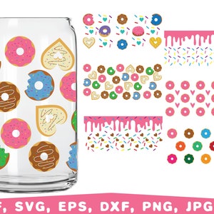 Puede incluir: Un diseño digital que presenta una variedad de patrones de donuts. Los diseños incluyen un vaso con donuts, un borde de donuts, un patrón de donuts con corazones, un patrón de donuts con chispas y un patrón de donuts con chispas y corazones.