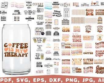 May include: A set of 30 digital coffee-themed designs featuring various coffee-related phrases and illustrations. The designs are in a retro style with brown, pink, and white colors. The designs include phrases like "Coffee is my therapy", "Mama needs coffee", and "But first, coffee".