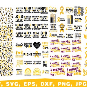 Könnte beinhalten: Ein digitales Design mit gelben Awareness-Ribbons und Text zur Unterstützung des Krebsbewusstseins. Das Design enthält Sätze wie "Ich trage Bernstein für..." und "Appendix-Krebs-Bewusstsein."