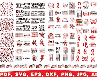 Puede incluir: Una descarga digital de 50 diseños de cintas rojas con texto relacionado con la concienciación sobre las enfermedades cardíacas. Los diseños incluyen frases como "Lucha contra las enfermedades cardíacas", "Llevo rojo por mi madre" y "Equipo de apoyo".