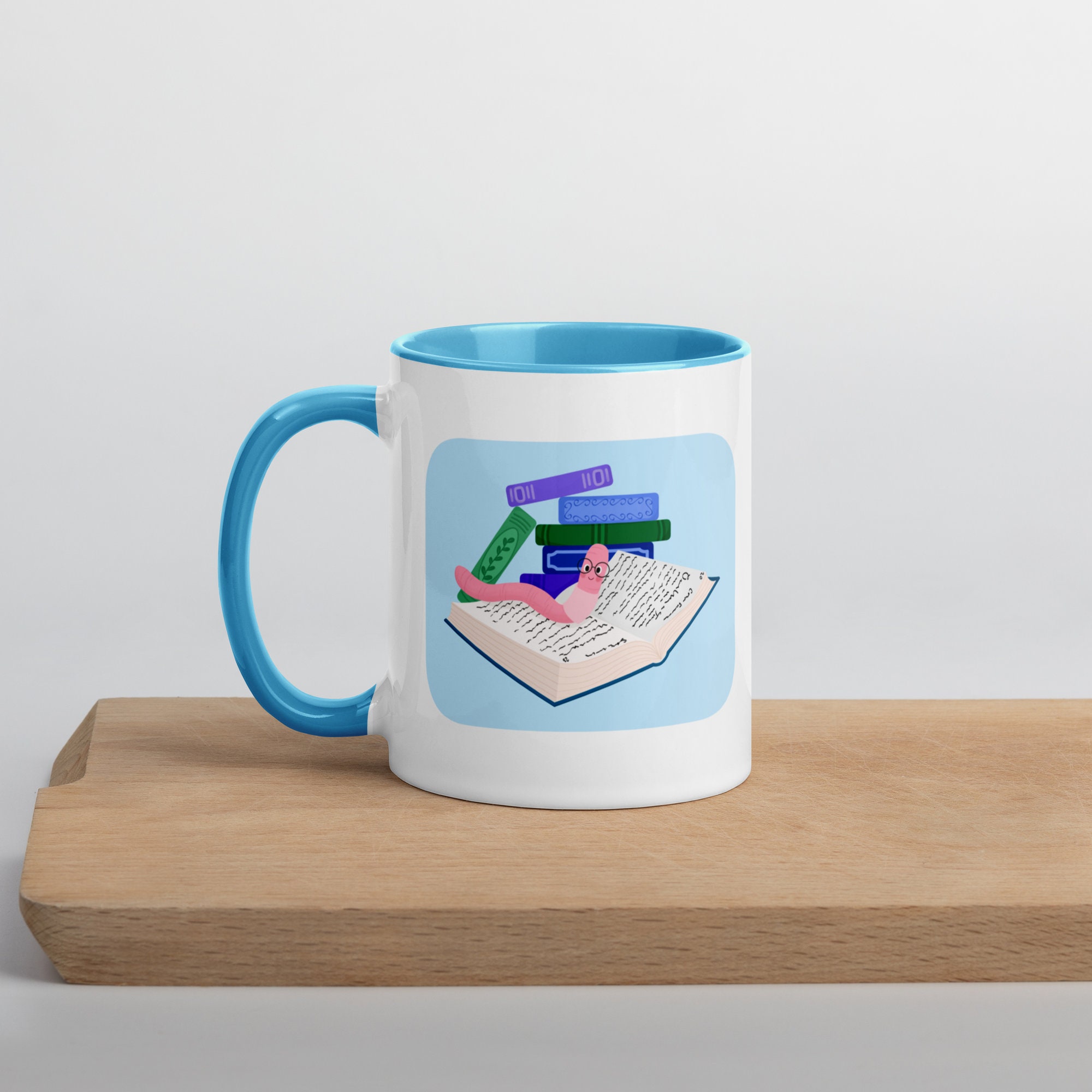Cartoon Bookworm Mug With Color Handle & Inside by Earth Curious Art Co ...