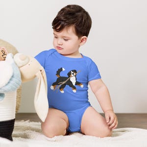 Bernese Mountain Dog Baby Short Sleeve Onesie by Earth Curious Art Co | newborn infant 1st birthday shower gift puppy animal daycare nursery