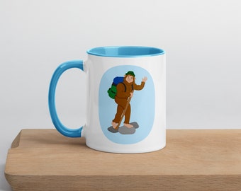 Friendly Hiking Bigfoot Mug with Color Handle & Inside by Earth Curious Art Co. | Backpacking Sasquatch Cryptid