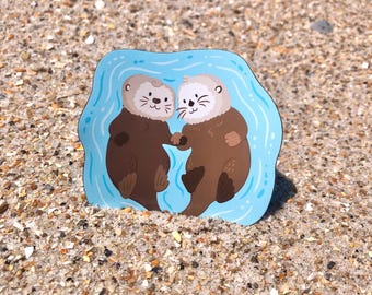 Sea Otters Holding Hands Fridge Magnet by Earth Curious Art Co | cute ocean animal marine biology gift for kids valentines day nature lovers