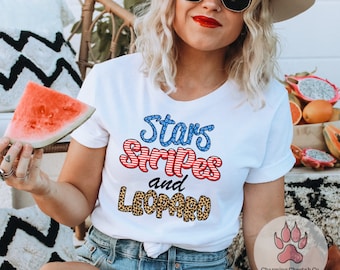 Stars Striped and Leopard Patriotic 4th of July Graphic Unisex T-shirt Sub