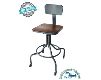 Restored Vintage Steel & Wood Drafting Stool / Chair ~ Fast Free Shipping As Always