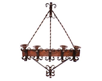 Gothic Revival Hand-Forged Wrought Iron & Wood 4-Candle Wall Sconce Candelabra