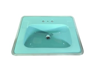 1960 Vintage Kohler Cerulean Blue Porcelain Drop-In Sink with Hudee Ring & Stopper