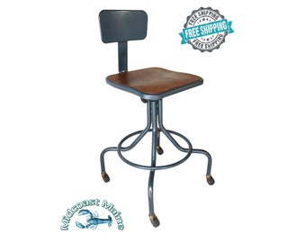 Restored Vintage Steel & Wood Drafting Stool / Chair ~ Fast Free Shipping As Always