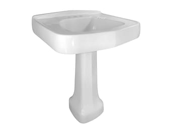 May include: A white pedestal sink featuring a rectangular basin with rounded corners and a central column base. The sink includes a flat rear deck with three pre-drilled holes for faucet installation and a smooth, glossy ceramic finish throughout.