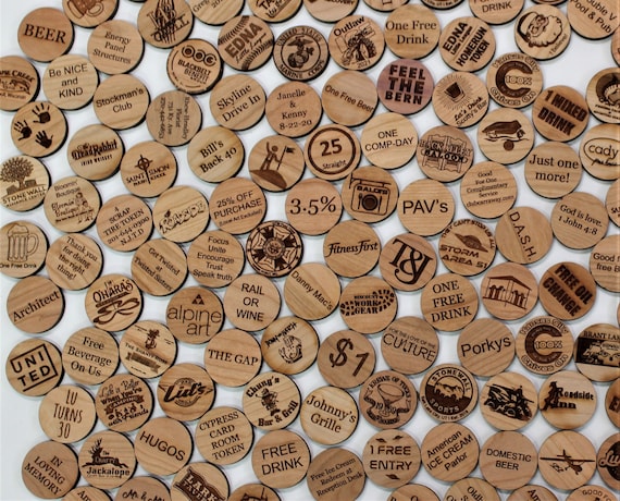 Customized Double Sided Drink Chips, Promotional Chips, Wooden Coins - Laser Etched Precision - Professional Look -1.5 diameter - 1/4" Thick
