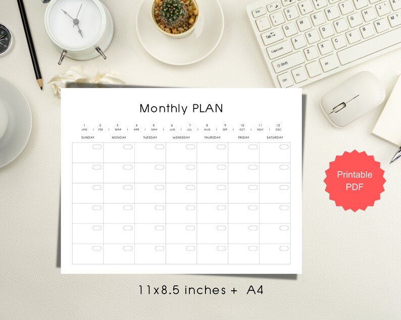 Printable Monthly Plan Monthly Calendar Template Calendar Etsy