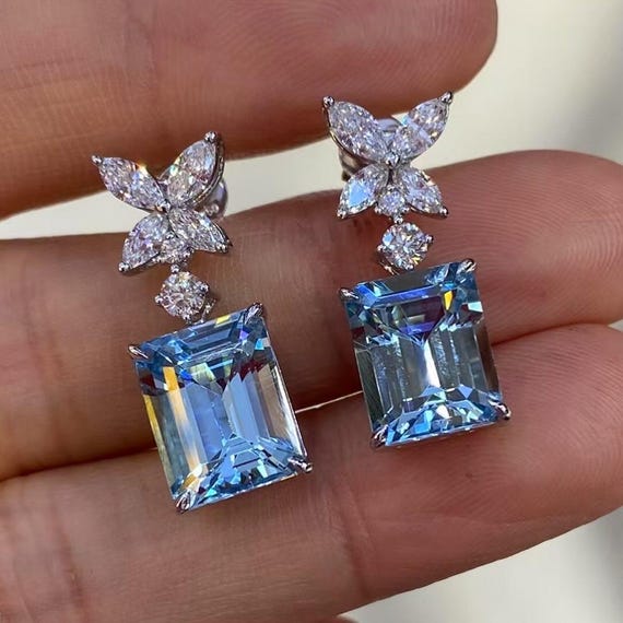 Orecchini Pendenti In Argento 925 Con Acquamarina Taglio Rotondo 9mm – Design Vintage, Fatti A Mano
