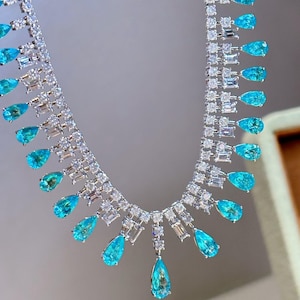 6 Carat Pear Cut Neon Blue natural Paraiba Tourmaline 3 Row River Necklace with Diamonds in 18K White Gold