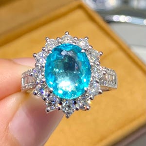 Natural Vibrant Blue Paraiba Tourmaline Wedding Ring 2.23ct Oval Cut Large White Side Diamonds Platinum PT950 AIGS Certificate