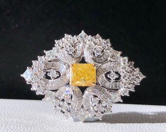 Broche/collier fantaisie en diamant jaune intense 1ct GIA style royal vintage bijoux 2 en 1 pendentif art déco broche en diamant et or 18k