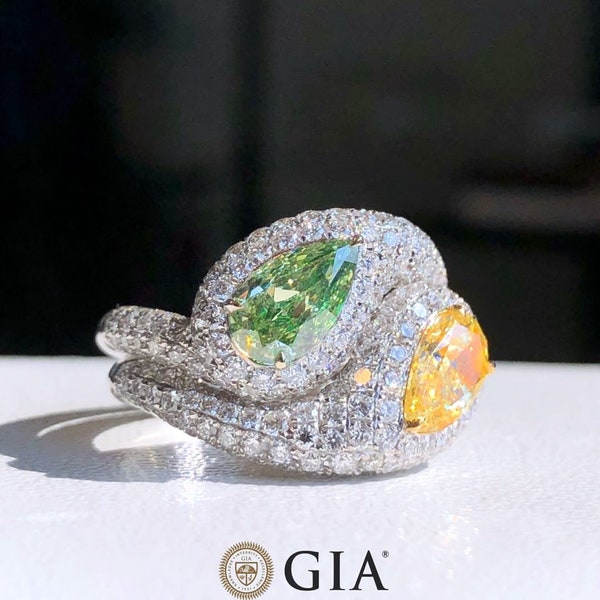 Double bague Ying et Yang en diamant naturel Vert et Jaune 2ct GIA bague en or blanc 18k
