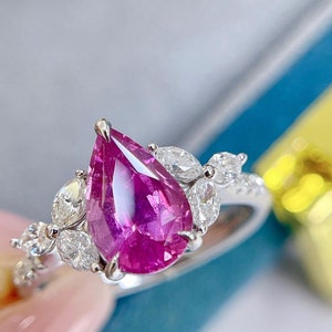 Unheated Cut 2ct Purple Sapphire Ring and 18k White Gold, Hot Pink Sapphire Ring, 2ct Gemstone Ring for Women, saphir Engagement ring,