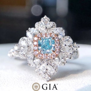 Anillo de cóctel con halo de diamantes azules de 0,35 ct, certificación GIA, oro de 18 k, anillo de diamantes azules con forma de cojín, colgante de diamantes azules, anillo de diamantes único