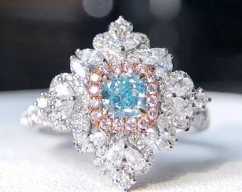 Bague pendentif 2en1  en diamant bleu 0,35ct rare GIA certification fantaisie or blanc 18k