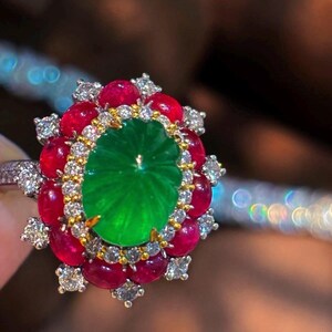 Carved Emerald Vintage Halo Ring 4.35ct Natural Cabochon Ruby Pigeon Blood Diamond PT950