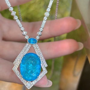Geometric Paraiba Tourmaline Necklace Pendant – Natural Neon Blue 8.88ct & Diamonds, PT950 Platinum image 7