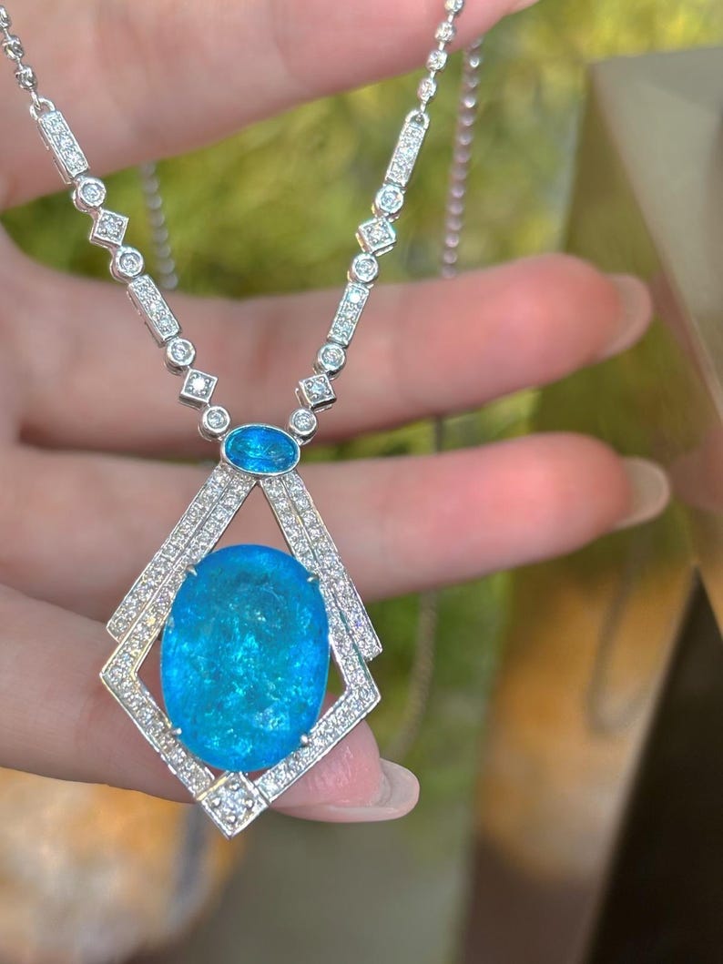 Geometric Paraiba Tourmaline Necklace Pendant – Natural Neon Blue 8.88ct & Diamonds, PT950 Platinum image 7